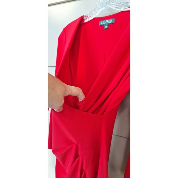 Lauren Ralph Lauren Bell Sleeve Faux Wrap Red Dress Surplice V Neckline Size 4 - Picture 11 of 12
